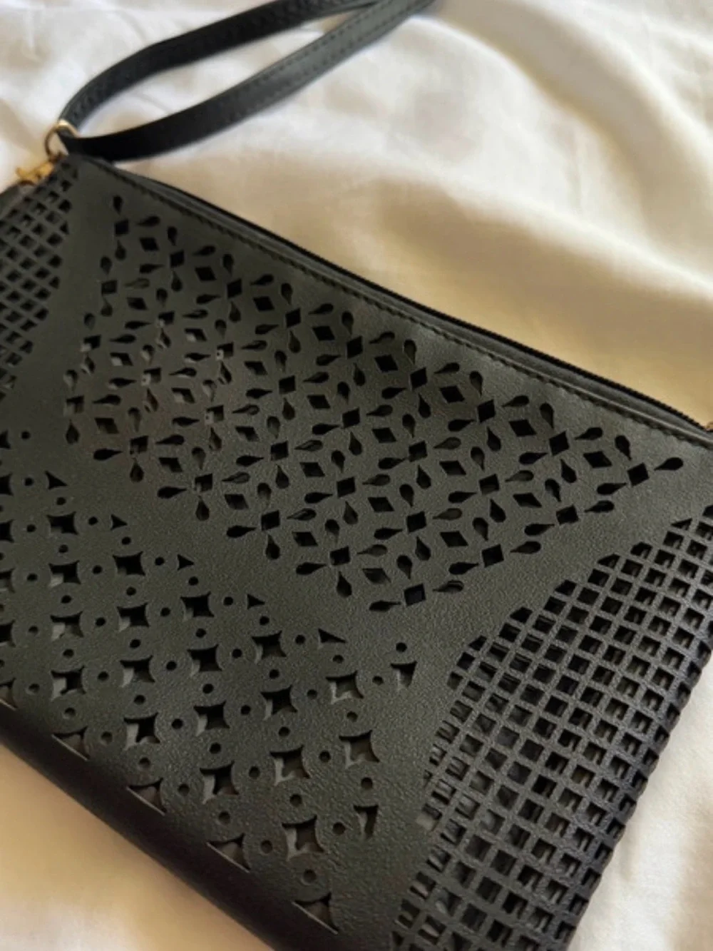 Black Leather Laser-Cut Crossbody Bag - Unbranded
